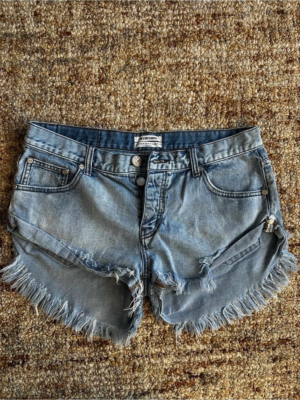 One X One Teaspoon Bandits Light Blue Distressed Fringe Denim Shorts